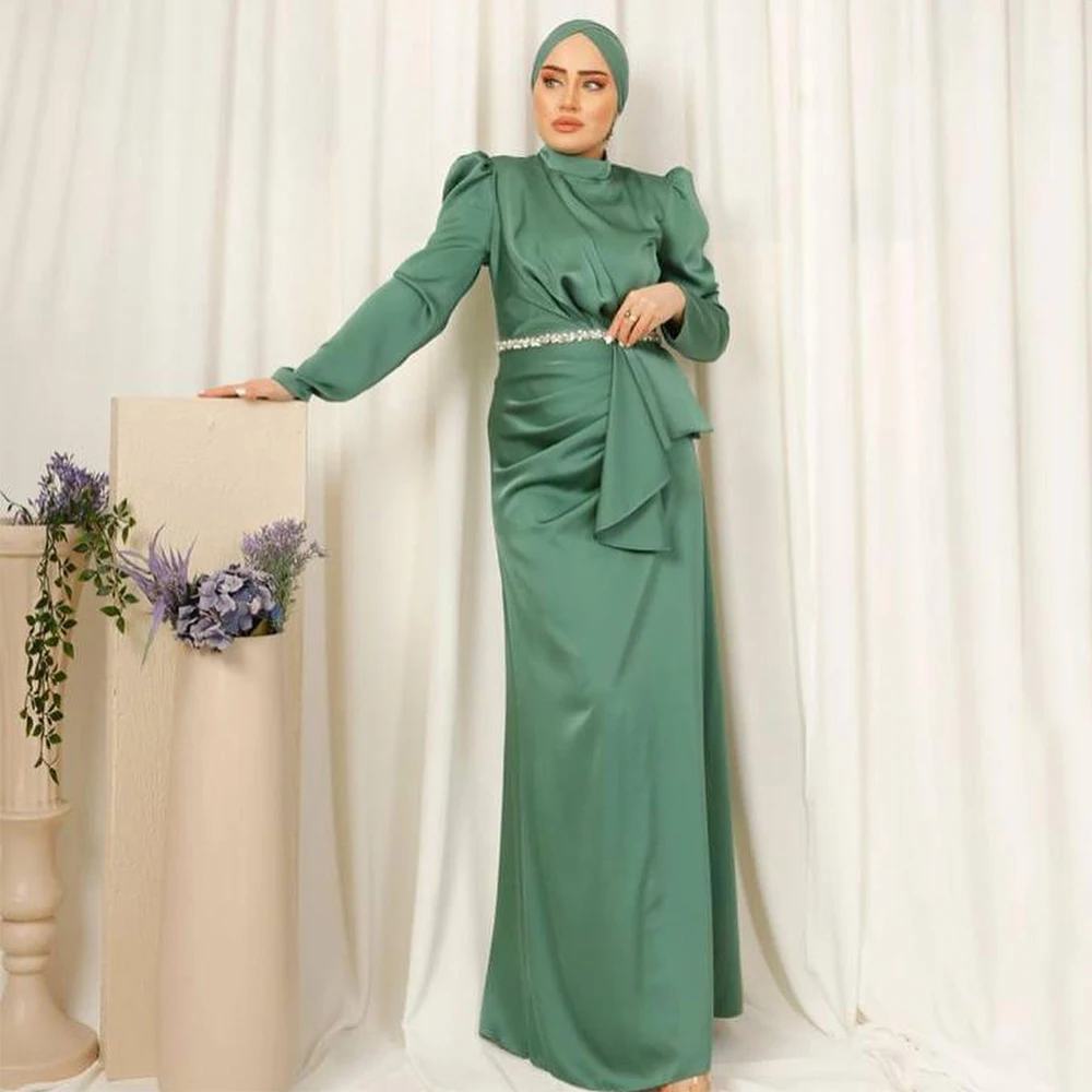 

Middle Eastern Dress Straight Long Sleeve Evening es High Vintage Prom Gown Satin Formal Party فساتين سهرة فخمه