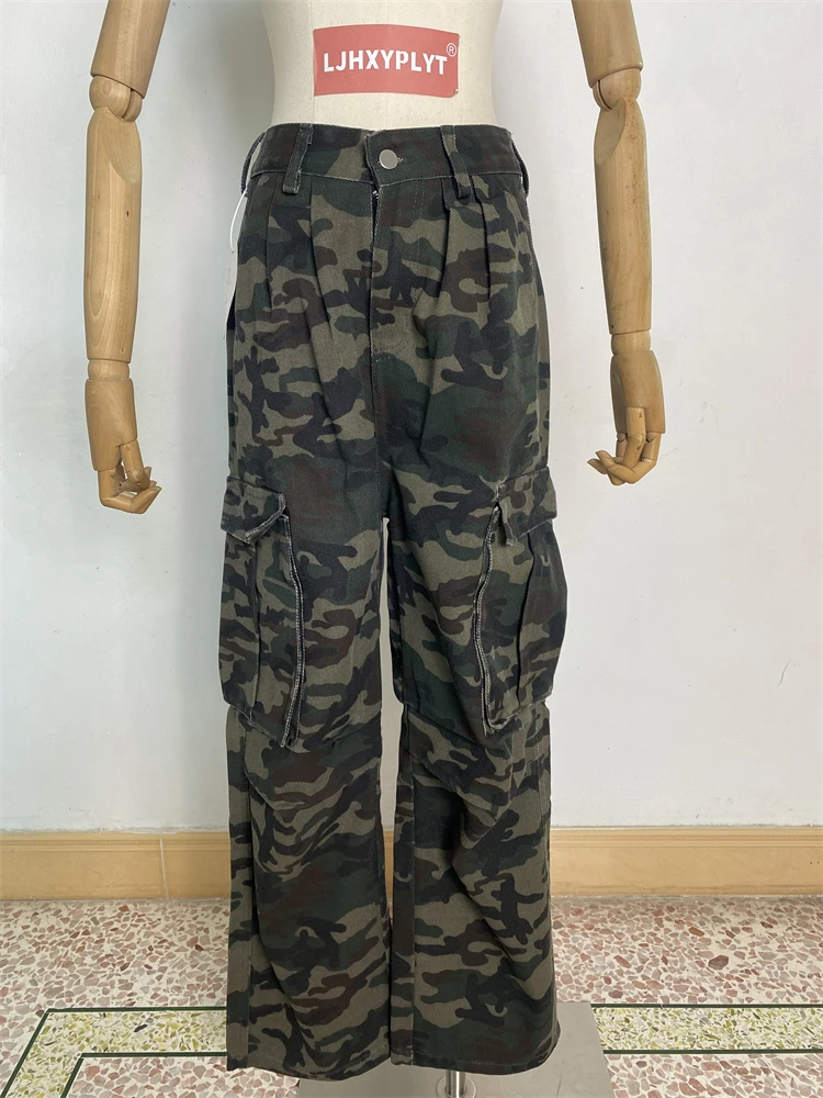 

Women's Regular Camouflage Large Pocket Wide Legs Unisex Pants Cool Girl Street Straight Bottoms Female High Waisted Trousers