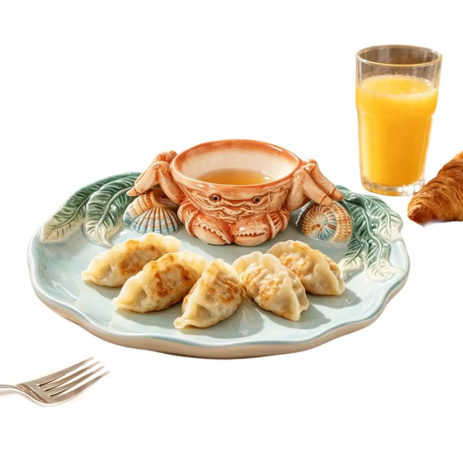 Ceramic Platter 31cm Crab Shape Food Platter with Dipping Bowl Appetizer Serving Tray for Beach Party Dinner Dessert Appetizer