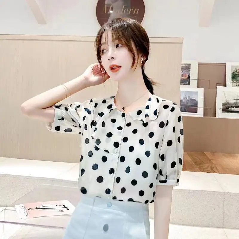 New Summer Fashion Trendy Lotus Leaf Collar Shirt Polka Dot Short-sleeved Chiffon Shirt Women's Loose and Mature Top