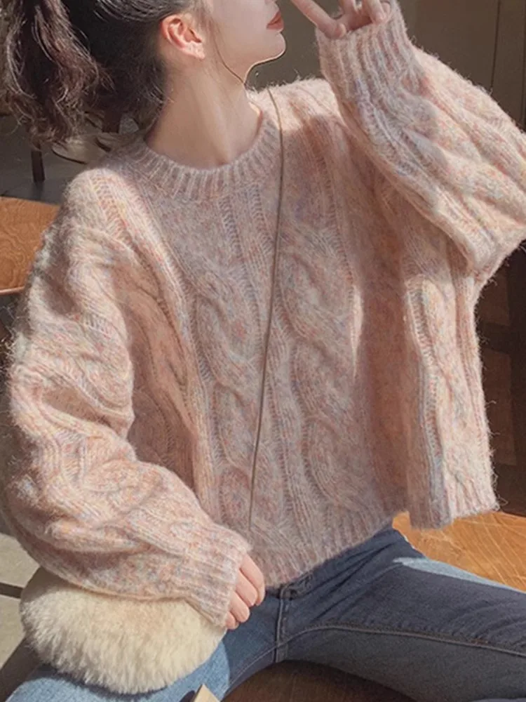 Jersey de punto rosa suave para mujer, suéter informal de manga larga con textura de cuello redondo, parte inferior, suéter elegante para ir al trabajo, primavera 2025