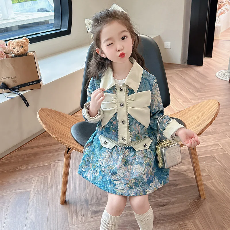 

Girls Small Fragrant Wind Floral Suit Spring New Fashion Bow Long Sleeve Coat + Skirt Two-piece Set Baby Girl Clothes 2-7 Years