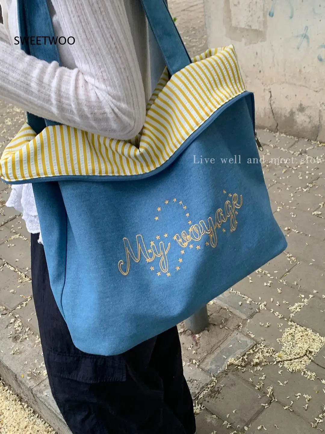 Color Contrast Stripe Letter Embroidery Tote Bag Multi Pastel Color Option Large Capacity Korean Casual Student Shoulder Bag