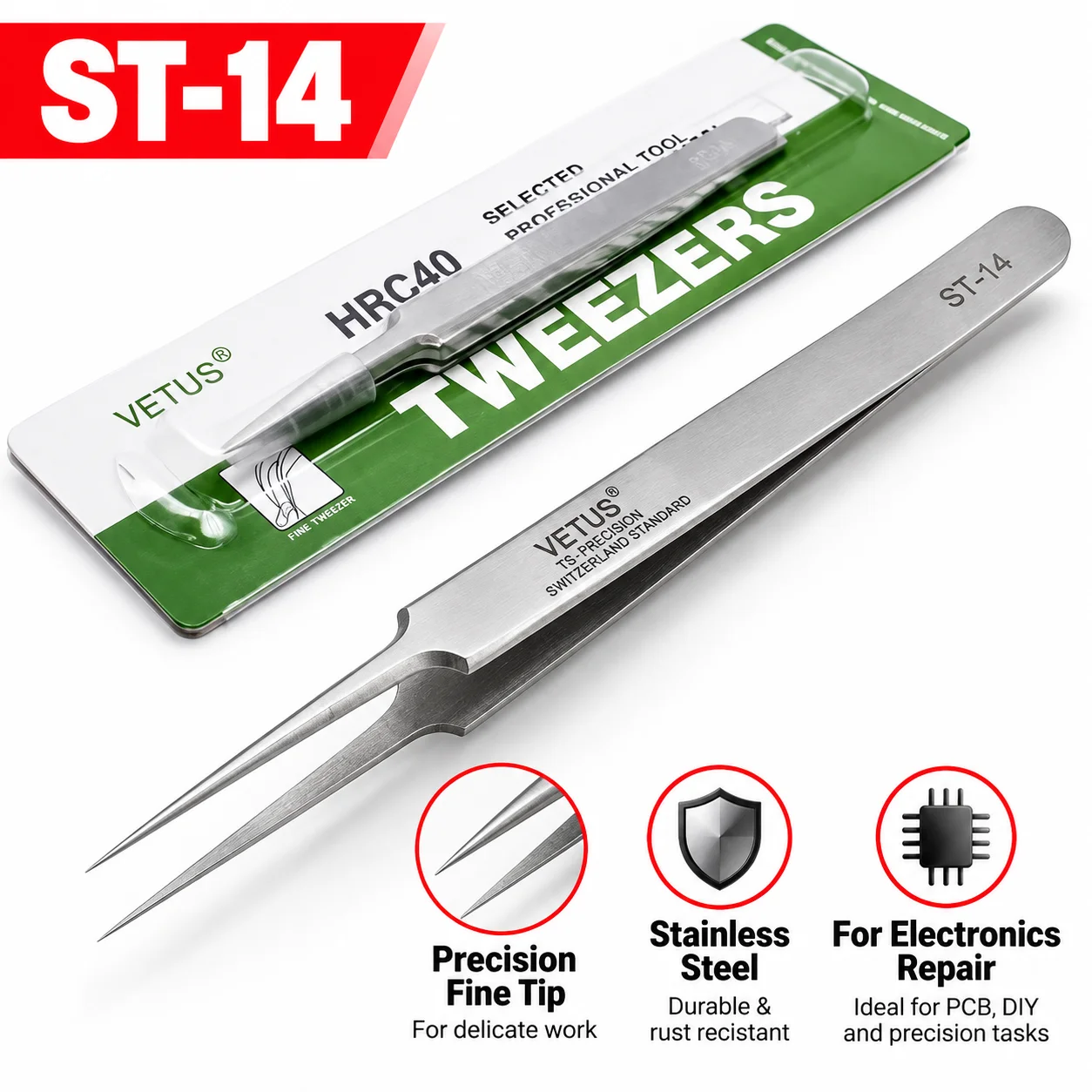 1 Pc Vetus Switzerland Precision Tweezers Stainless Steel Diy Tweezers Ferramentas Repair Tools ST-14