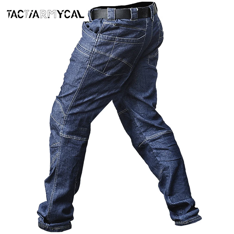 

2024 Tactical Casual Jeans Men Cargo Mens Casual Trousers Multi Pockets Denim Pants Male Casual Blue Black Pant Spring Summer