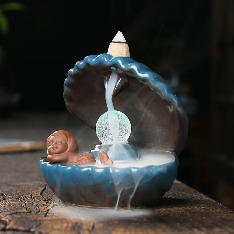 Ceramic Handicrafts Home Decor Creative Shell Mermaid LED Reverse Flow Aromatherapy Stove
