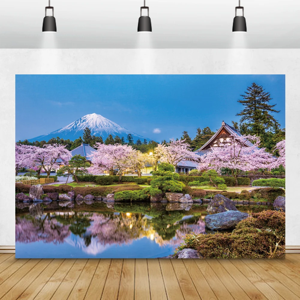 Laeacco Mount Fuji Backdrop Pink Cherry Blossoms Japanese Torii Shrine Natural Scenery Living Room Decor Photography Background