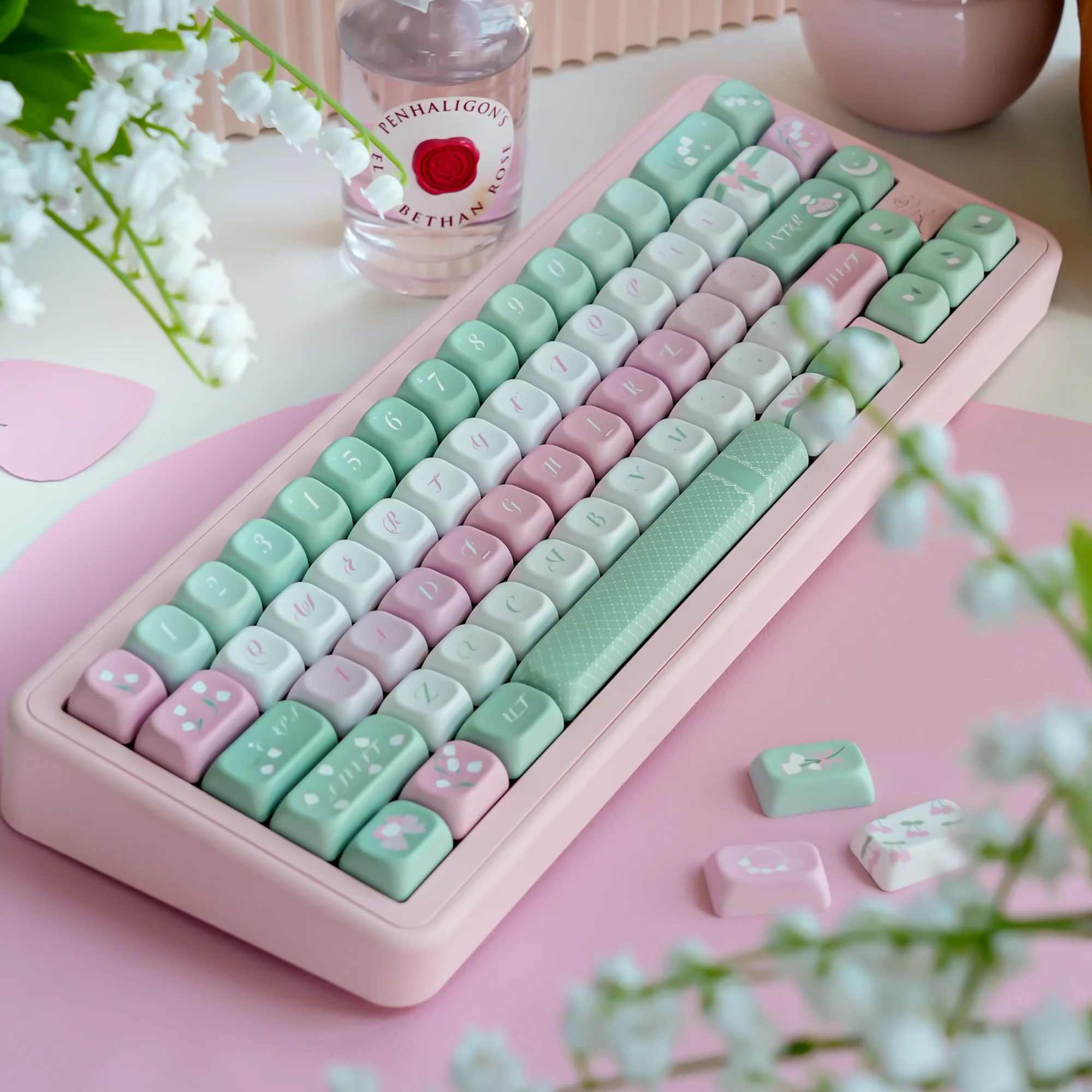 

Lily of The Valley Theme Keycap FOA/Cherry Profile PBT Thermal Sublimation Green Pink Keycaps for MX Switch Mechanical Keyboard