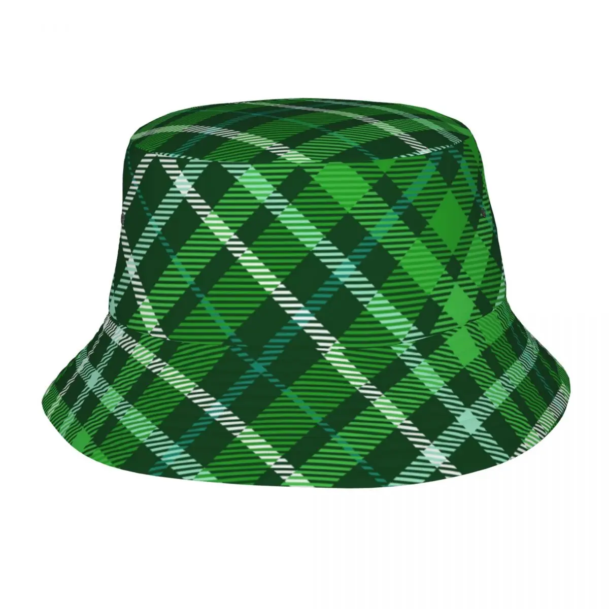 Dark Green Plaid Check Pattern Bucket Hat Fisherman Foldable Women Men Sunscreen Shade Cap