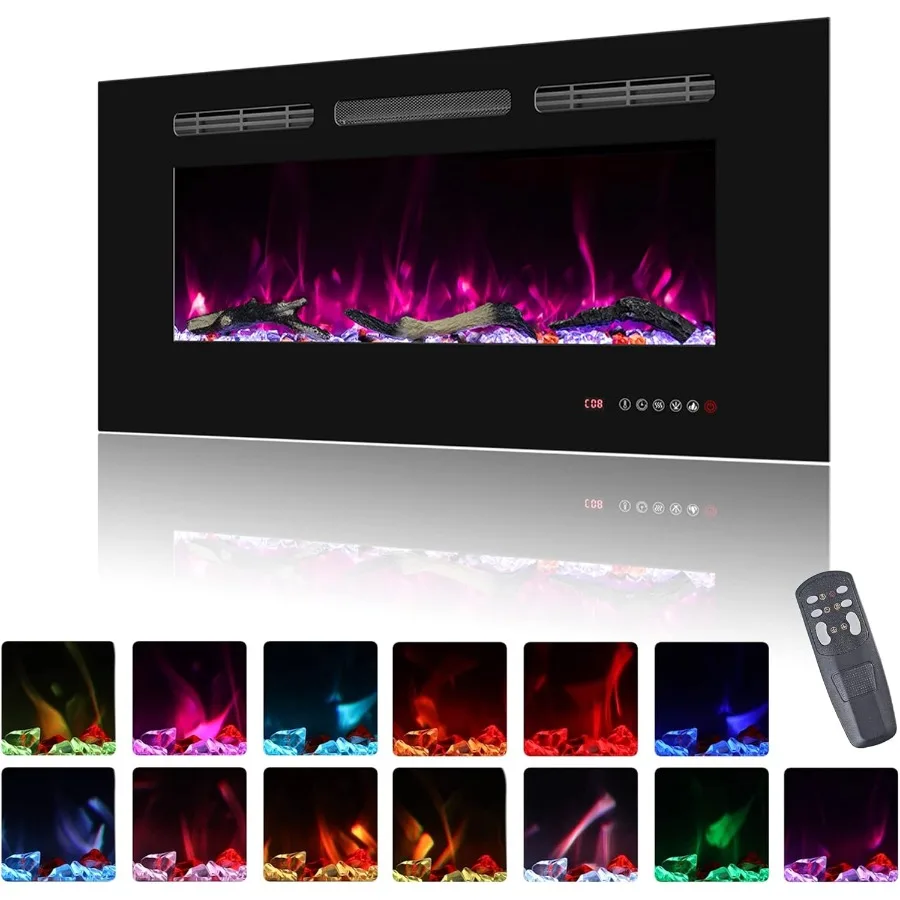 

36-дюймовый электрический камин в стене, встраиваемый и настенный электрический камин, 13 цветов пламени, реалистичные бревна и кристаллы, топливо