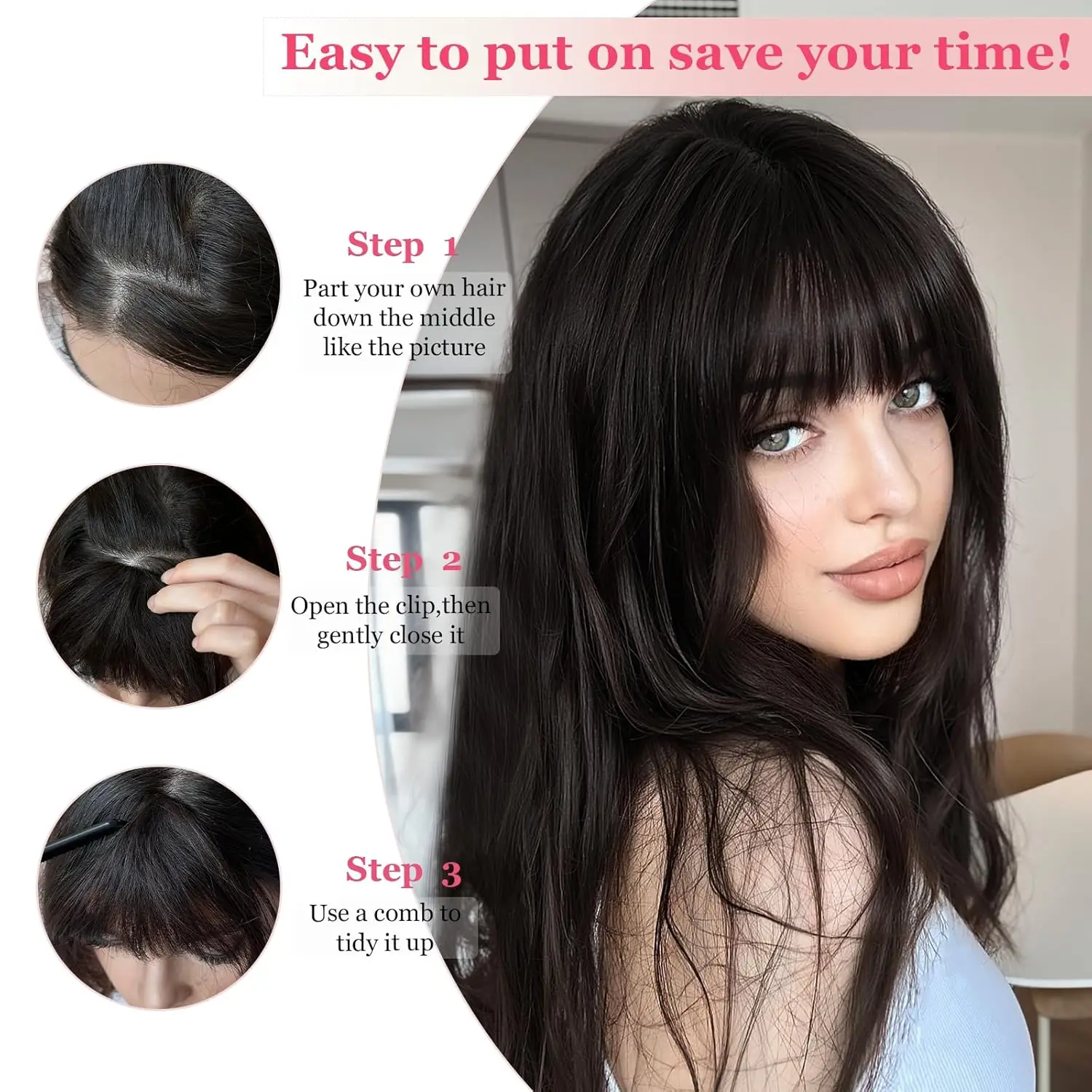 100% Echthaar Clip-in Pony French Curved Curtain Style Weicher, geschichteter Kunstpony mit Seitensträhnen Hitzebeständiges, zuschneidbares Haar – Detail 9