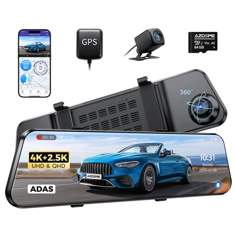 

Подходит для вождения AZDOME, 12-дюймовый полноэкранный регистратор высокой четкости 4K, передняя и задняя двойная запись, вспомогательное управление ADAS
