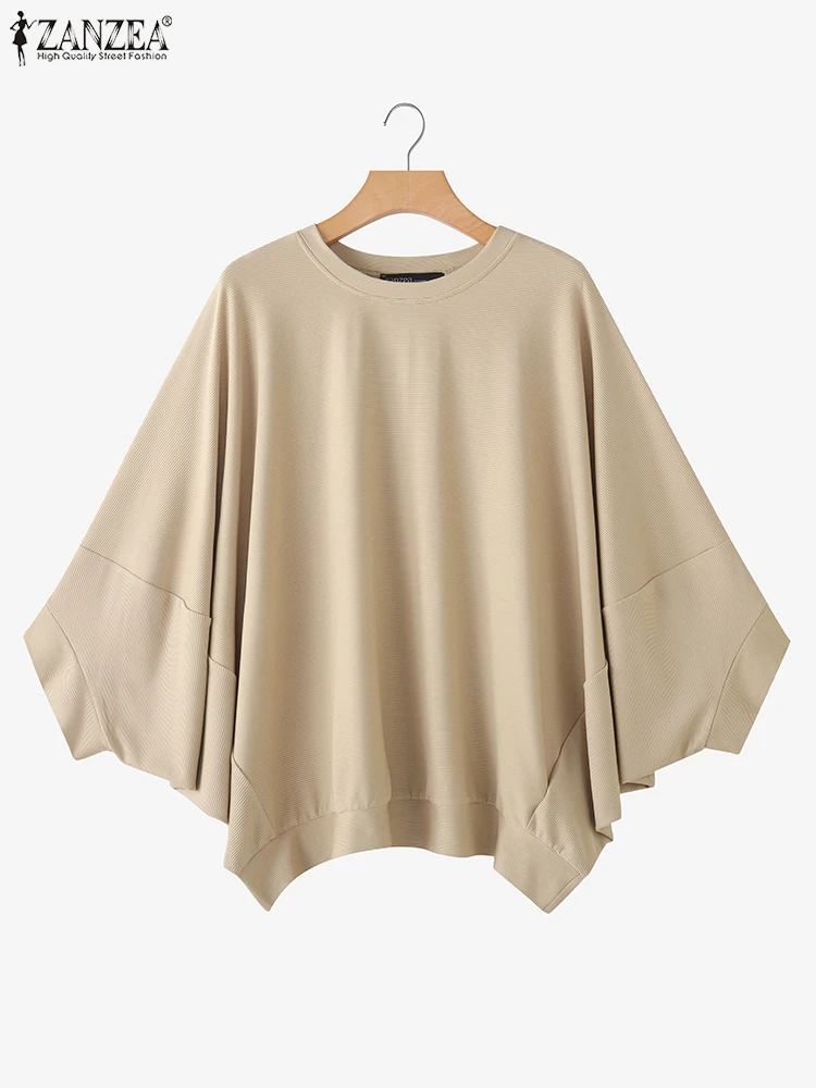 

ZANZEA Fashion Bat-wing Sleeve Blouse Women Casual Loose Autumn Tops 3/4 Sleeve Solid Color Tunic Khaki O-Neck Loose Pullover