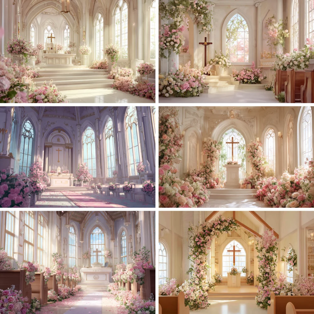 

Church Flower Arch Wedding Photography Backdrops Dreamy Ceremony Birthday Party Elegant Fantasy Photo Studio Background