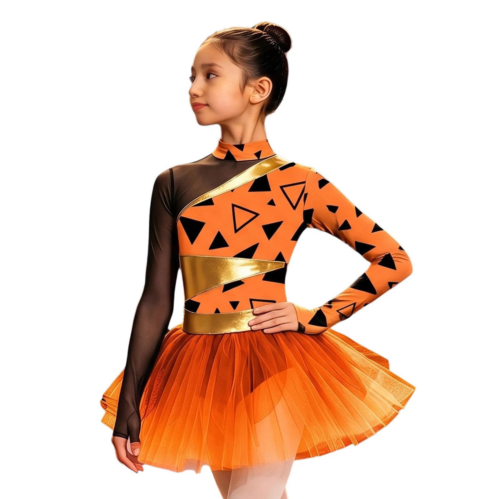 Kids Girls Caveman Primitive Man Costume Ballet Dance Tutu Dress Long Sleeve Metallic Printed Mesh Dresses Gymnastics Leotard