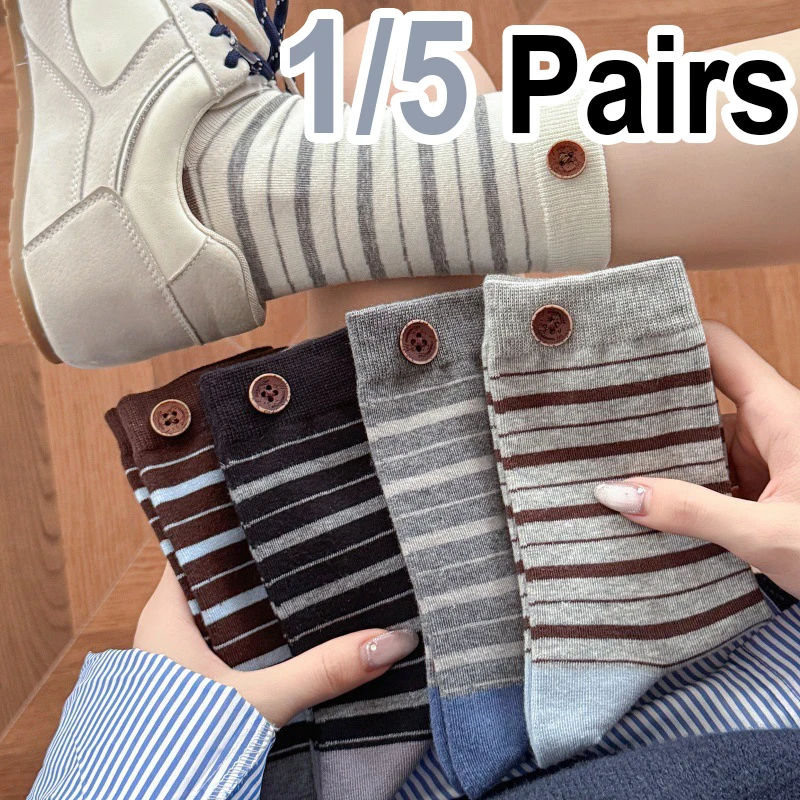 

1/5 Pairs Retro Button Women Mid Tube Socks Maillard Style Soft Comfortable Sweat Absorbing Breathable All Season Casual Socks