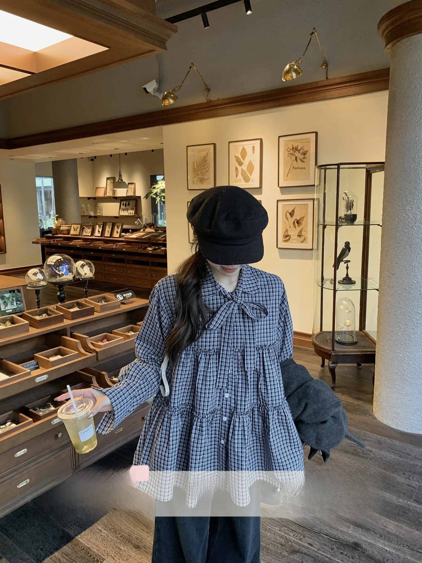 

Женская зимняя свободная верхняя одежда в клетку в стиле ретро с узлом Long Sve Ne irt, удобная корейская хлопковая одежда для поездок на работу...