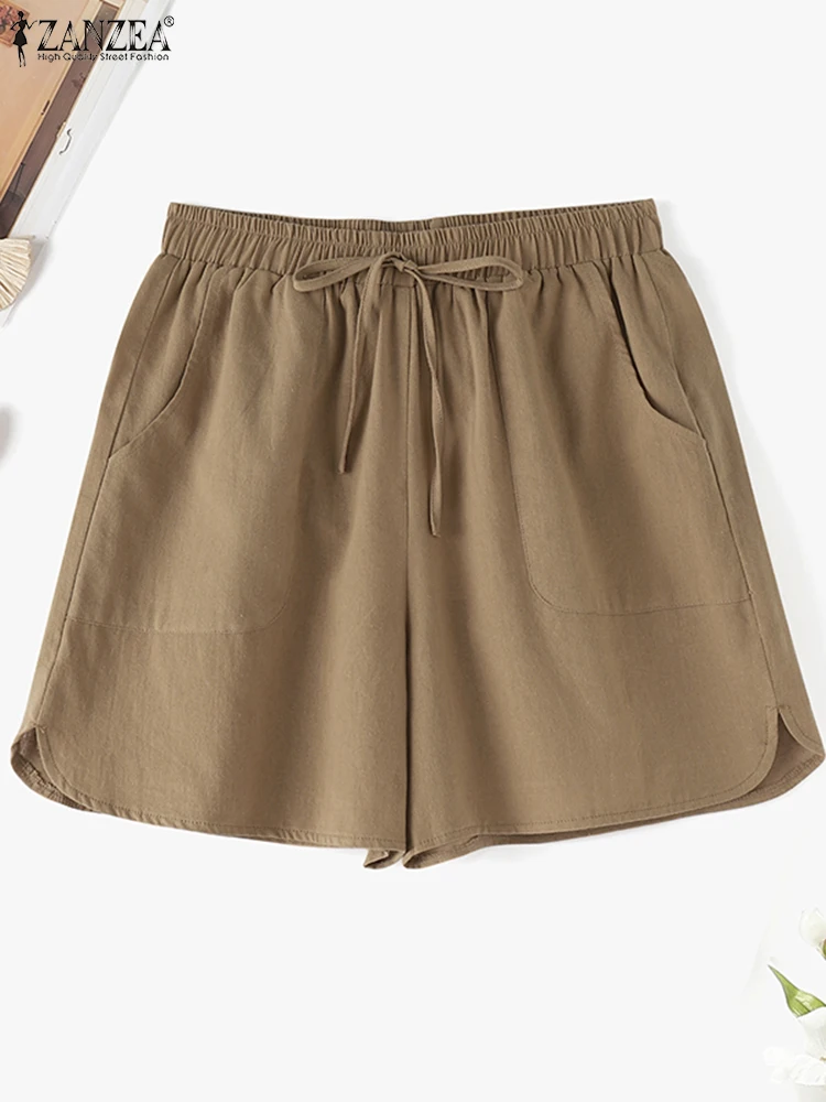 ZANZEA-Calça curta de algodão casual solta feminina, monocromática, shorts elegantes, cintura elástica, cordão, feriado, verão, 2024