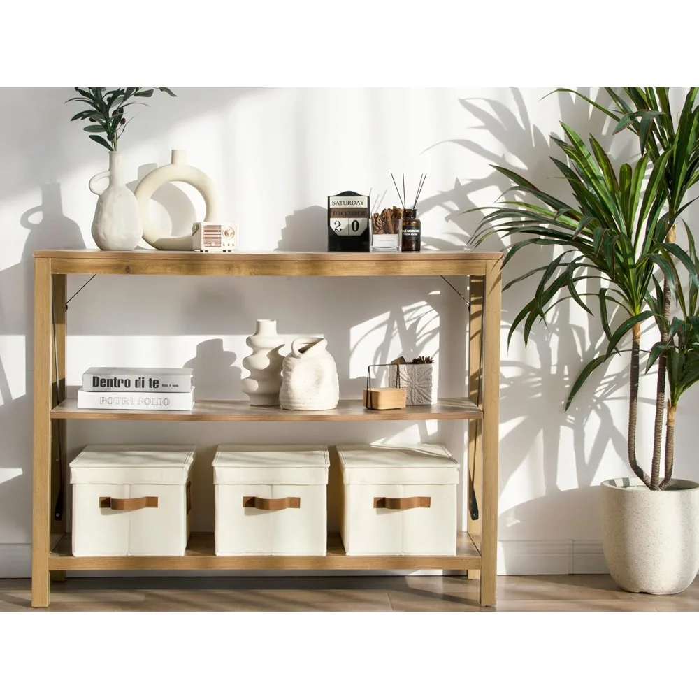 صناديق تخزين كبيرة قابلة للطي مع أغطية، وصناديق تنظيم قابلة للتكديس مع مقابض من البولي يوريثان لأرفف الخزانة، عاجي 3 عبوات