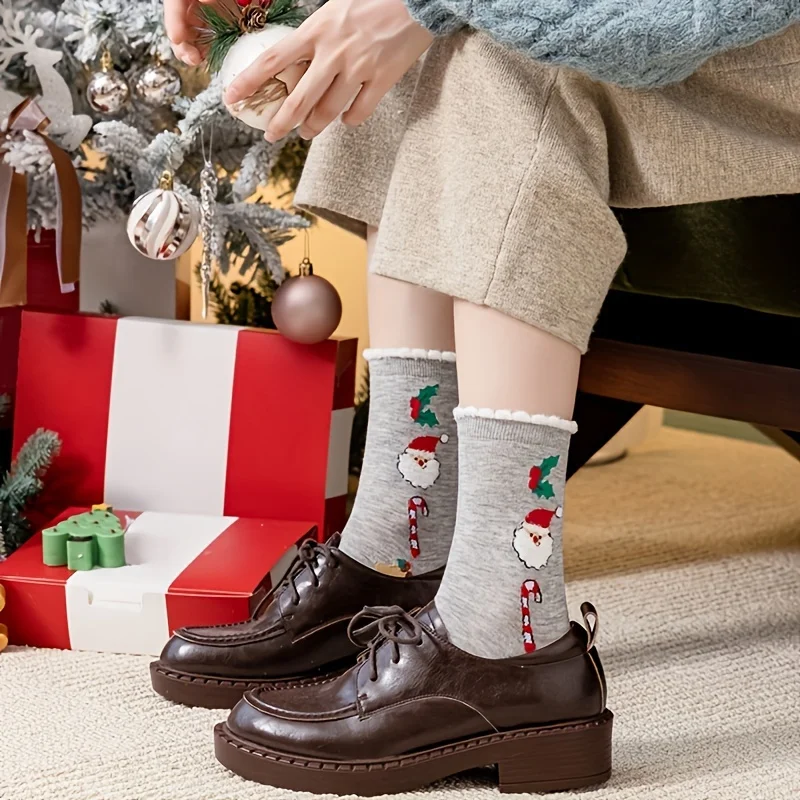 5 paires automne/hiver mode femme noël mignon dessin animé motif de noël multi fonctionnel doux et confortable chaussettes longues,