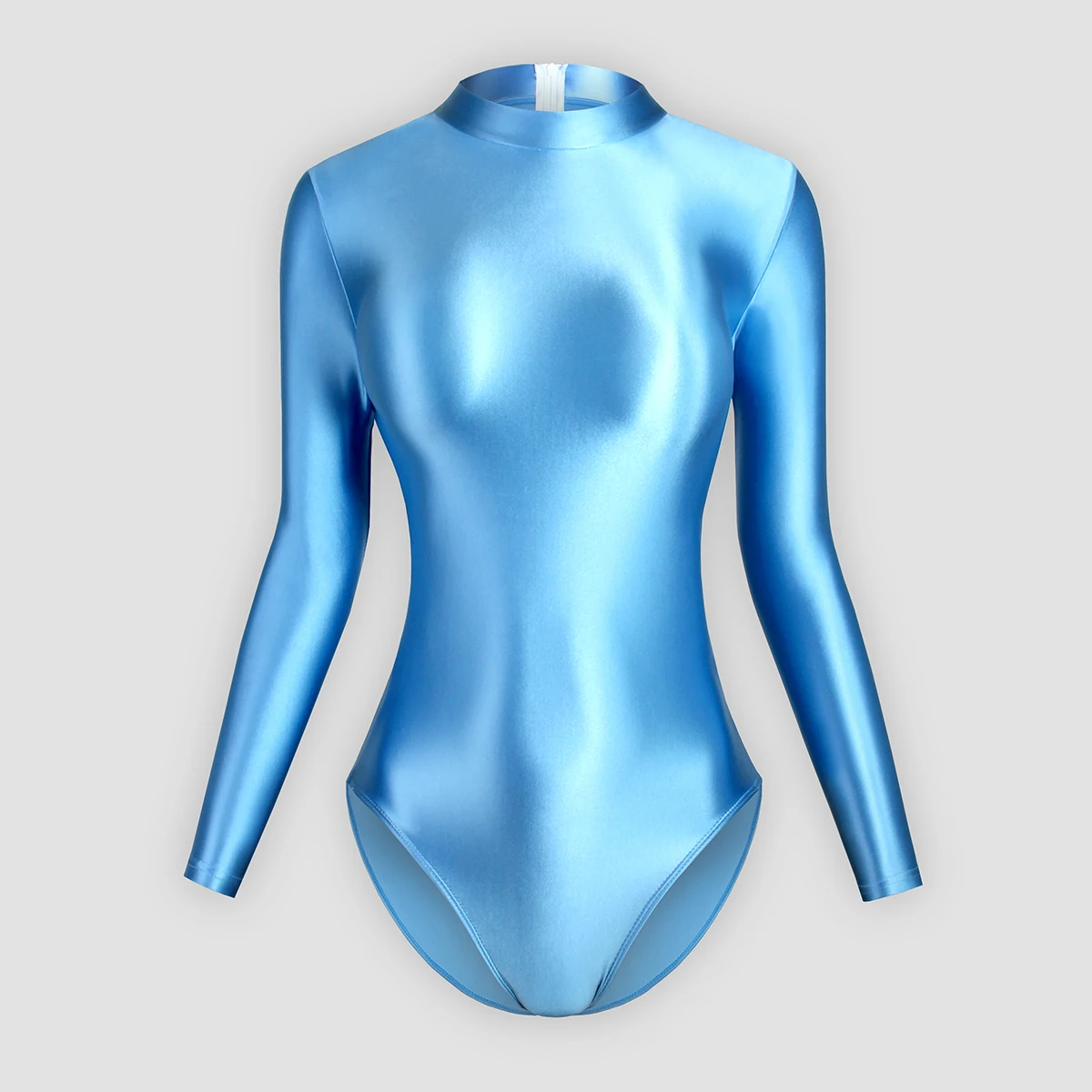 Satin Glossy Leotards Long Sleeve Back Zipper One Piece Swimsuit Sexy High-Cut Bikini Bodysuit Women Bathing Suit Plus Size