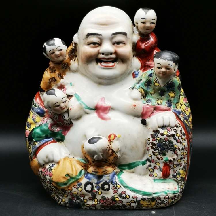 20.5 cm */ Delicate Chinese Colorful Porcelain Buddha and Lovely Children Auspicious Statue