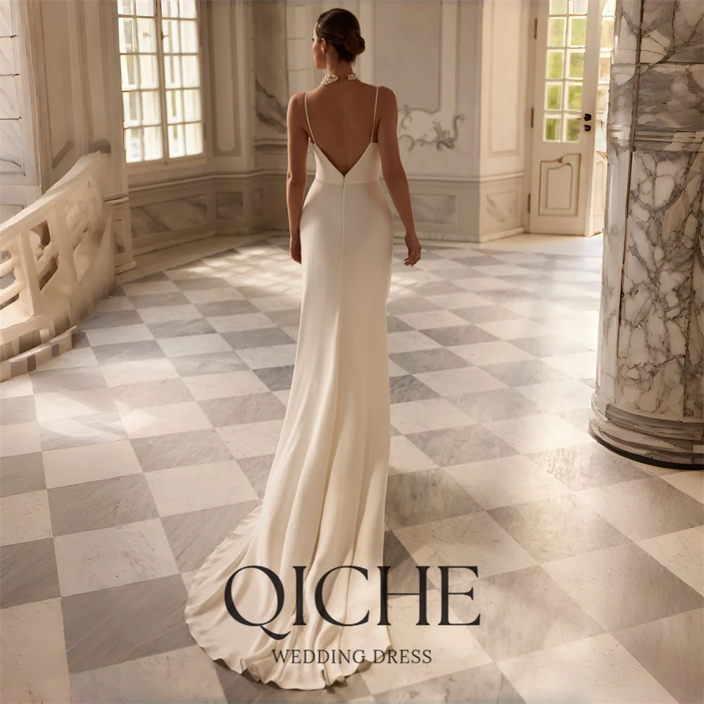 QICHE Elegant Pleat Mermaid Wedding Dress Spaghetti Straps Slit Spaghetti Straps Bridal Party Gown Vestidos De Noiva Customized