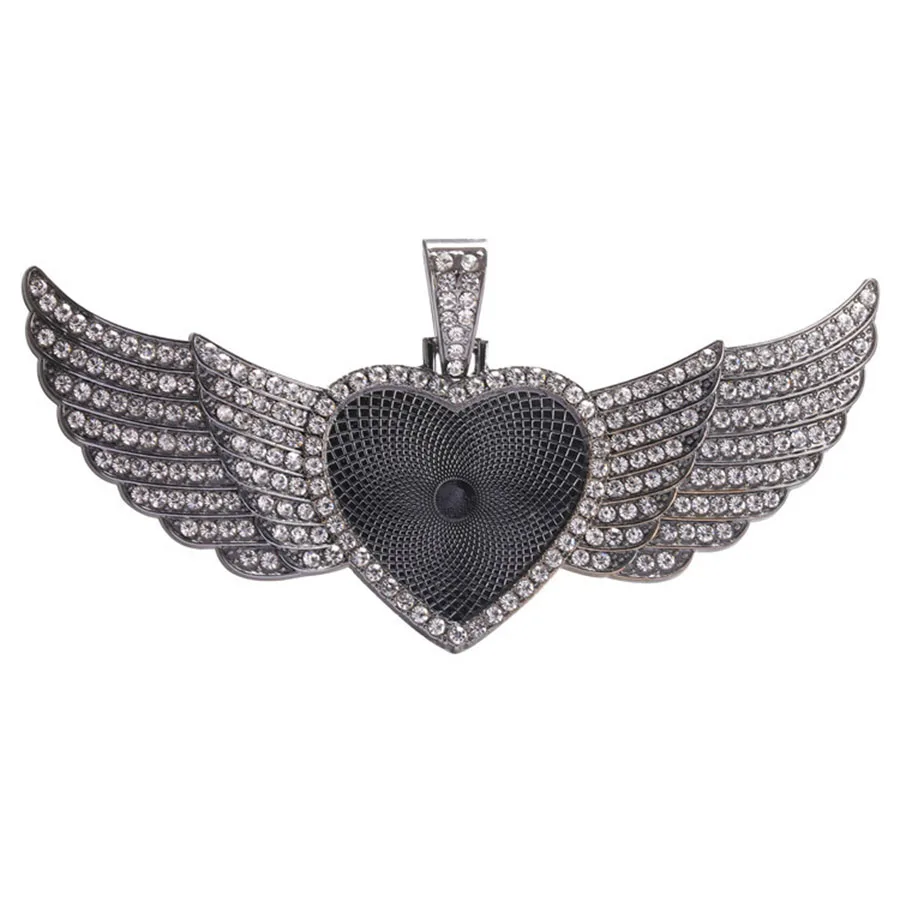 大きな天使の羽のハートの額縁、フォトペンダントベース、ブランクトレイチャーム、昇華ブランクネックレス、5個