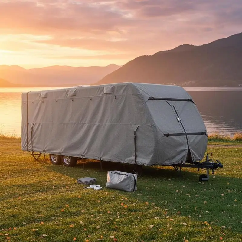 

Travel Trailer Cover, 28-31 ft RV Cover, Top 300D Oxford Fabric Camper Cover, Waterproof, Windproof and Rip-Stop Class A RV Cover, with Storage Bag, Repair Patches, Straps and Tire Covers