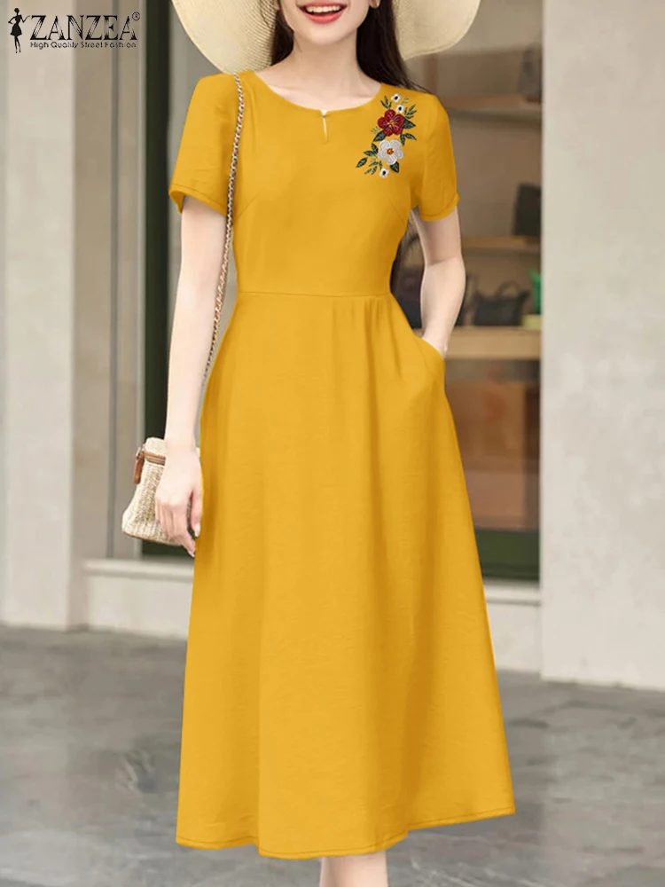 2025 Vestito estivo estivo ZANZEA Donna Elegante O Collo Manica corta Abiti da vacanza Elegante lavoro OL Abiti Casual A Line Party Dress