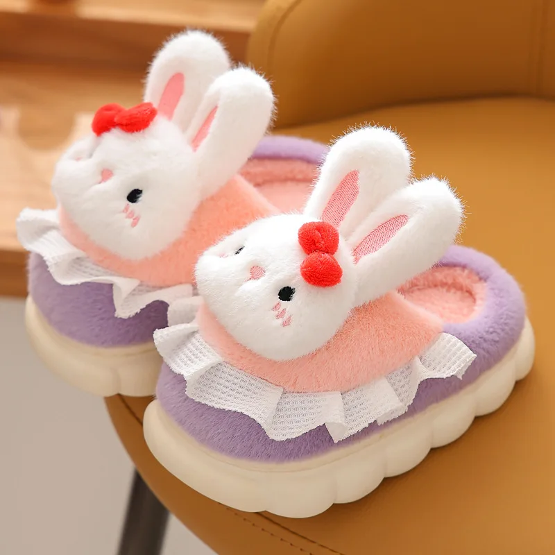 2024 New Cute Cartoon Rabbit Children\'s Plush Slippers Soft Non-slip Winter Warm Baby Boys Girls Kids Indoor Home Cotton Shoes