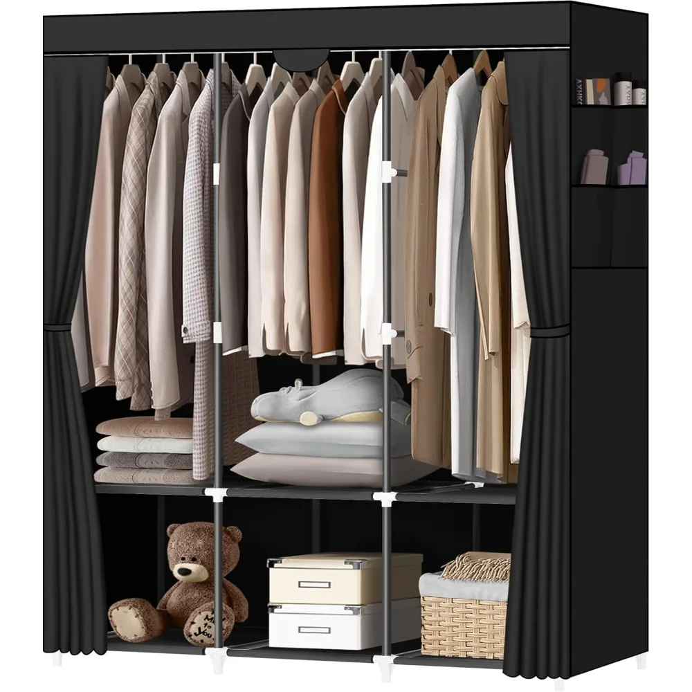 

Portable Closet, Portable Closets for Hanging Clothes with 3 Hanging Rods and 6 Storage Shelves and 4 Side Pockets, Black