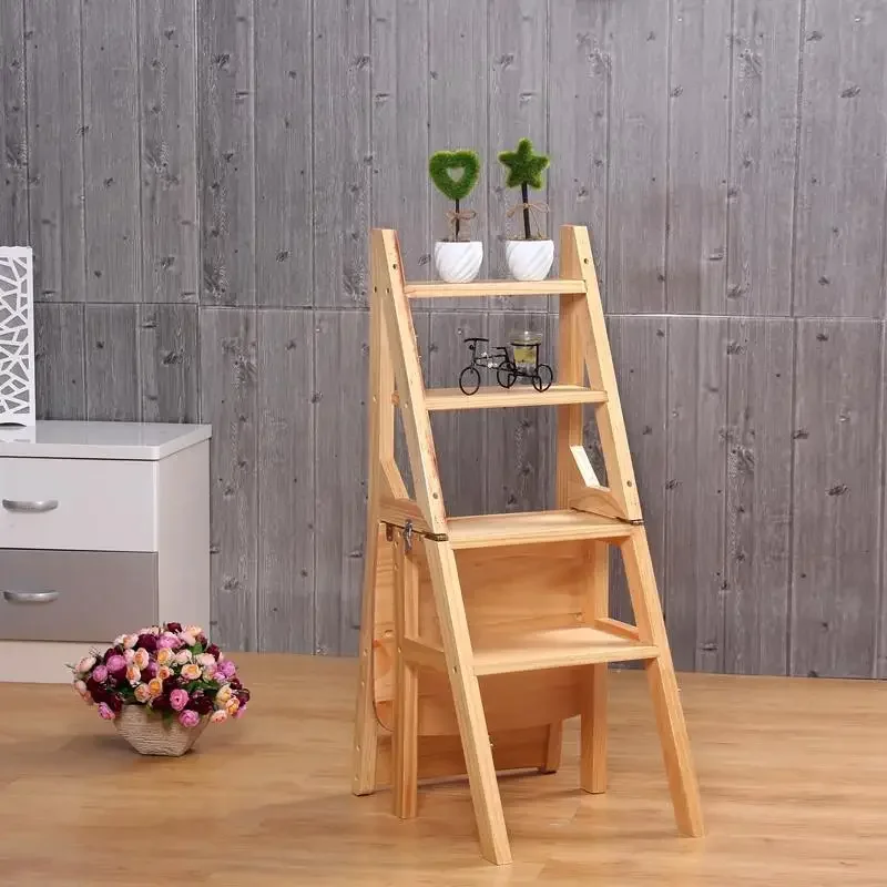 

Solid Wood 4-Step Folding Ladder - Multi-Functional Indoor Climbing Stool with Dual Purpose