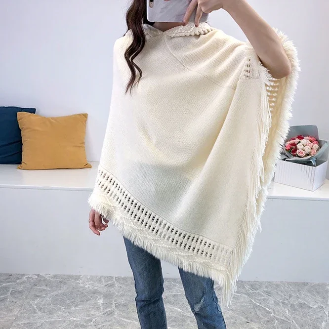 Spring Autumn New Women Winter Knit Hooded Poncho Cape Crochet Fringed Tassel Shawl Wrap Sweater Even Hat Girls Keep Warm Beige