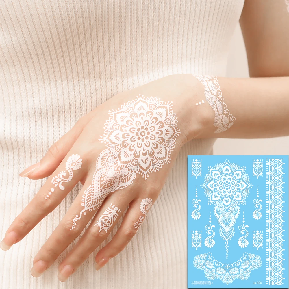 6 أوراق من الوشم المؤقت للحناء البيضاء للنساء - ملصقات فنية للجسم بوهو لنقل المياه مع تصميمات على شكل فراشة من الدانتيل والمدينة