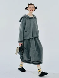 IMAKOKONI original design gray warm plus velvet striped pocket elastic waist skirt women's 244433