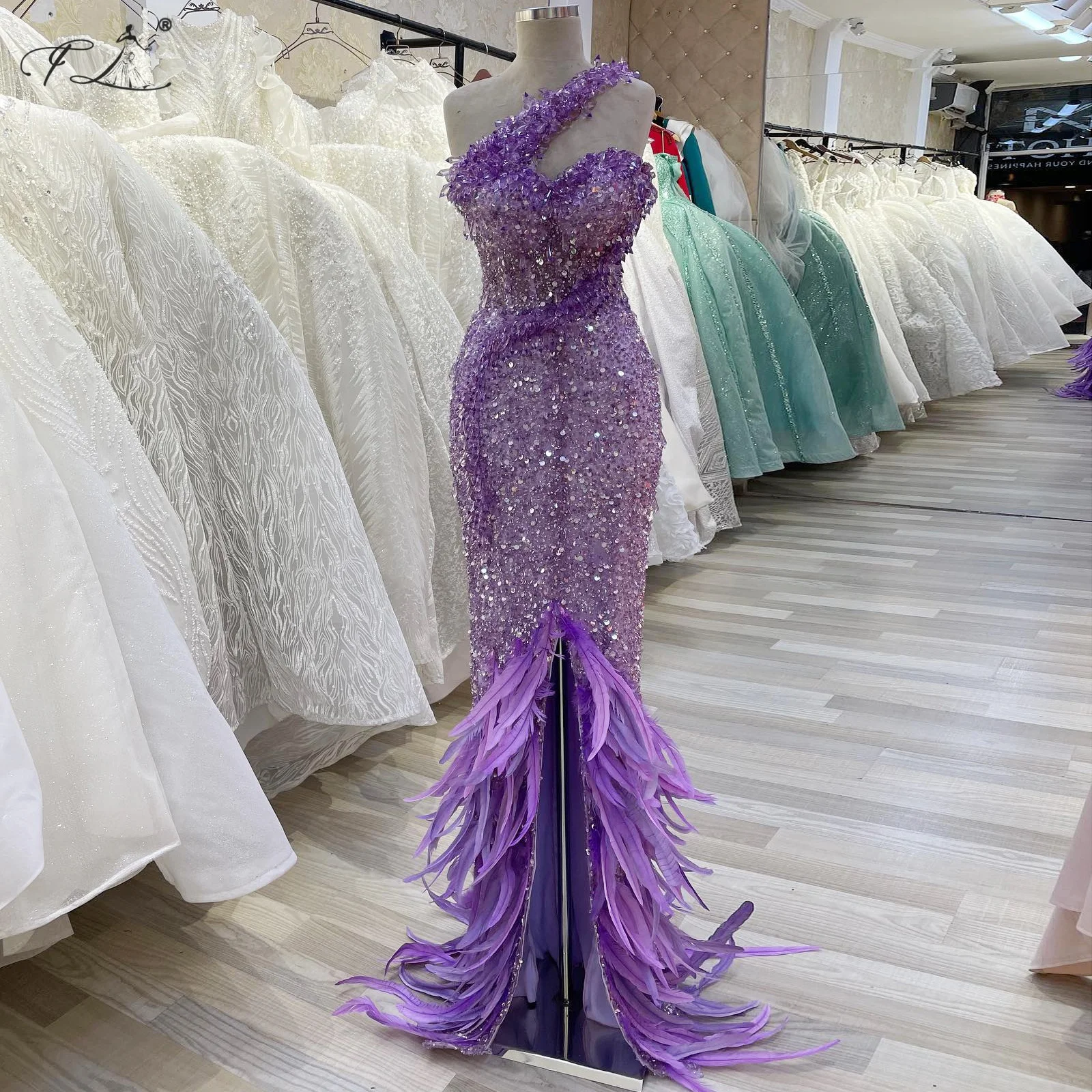Asymmetrical Stylish Mermaid Dress Slanted Neckline Teardrop Pendant Sequin Feather Skirt Hem Prom Party Dress Customizable