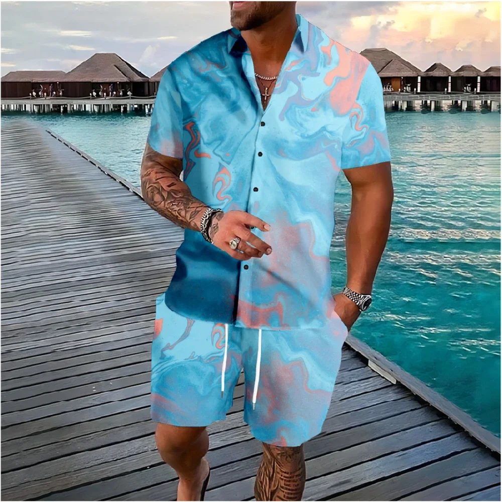 Fluid Art 3D Print Men Shirt Sets Fashion Short Sleeve Shirt Oversized Casual Beach Shorts Streetwear Hawaiian Suits Clothes