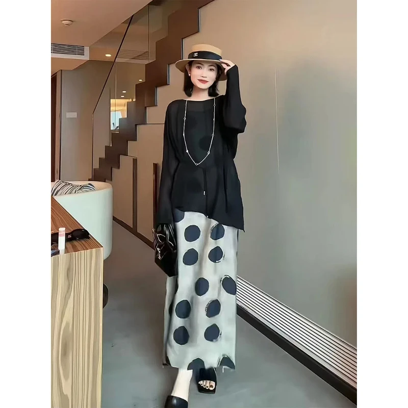 

New Summer French Holiday Polka Dot Suspender Dress Versatile Irregular Blouse Top Two-piece Set