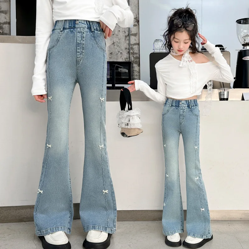 

Girls' Fitted Flare Denim Pants Side Seam Patchwork Fitted Flare Denim Pants 2025 New Arrival Children's Denim Pants for You