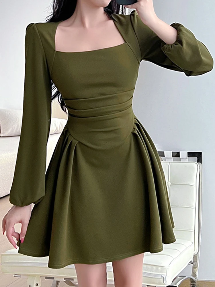 Elegant French Style Dresses For Women Square Collar Long Sleeve Green Dress Vintage Temperament Bodycon Pleated Party Dresses