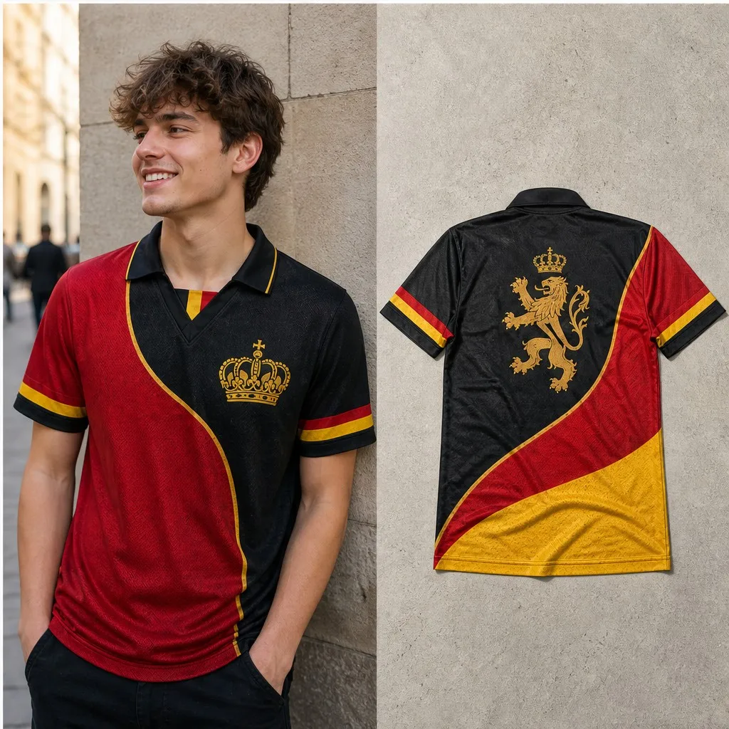 Mens Belgium Color Block Crown Graphic Semi Polo V Neck T Shirt Casual Short Sleeve Streetwear Top with Curved Panel Urban Style