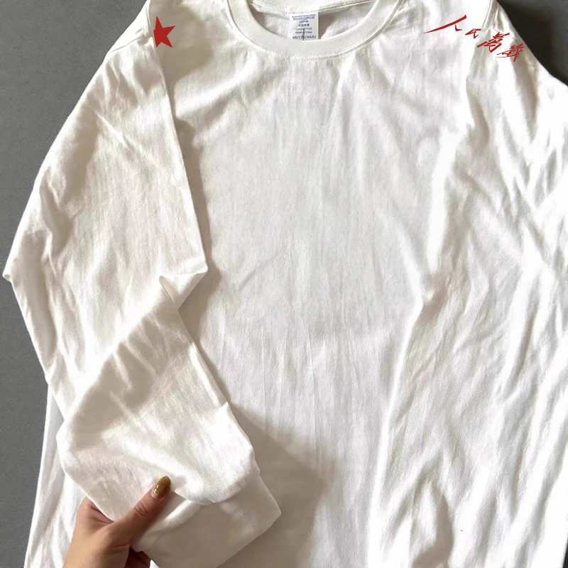 

Футболка из чистого хлопка с длинным рукавом в национальном стиле с принтом пятиконечной звезды, базовая модель, весна-осень, новый стиль, свободный крой, круглый вырез