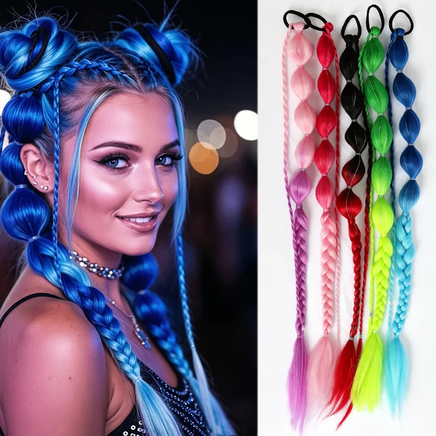 Synthetic Colorful Bubble Lantern Braid Ponytail Wig Gold Thread Braided Hair Extensions For Women Halloween Carnival Party