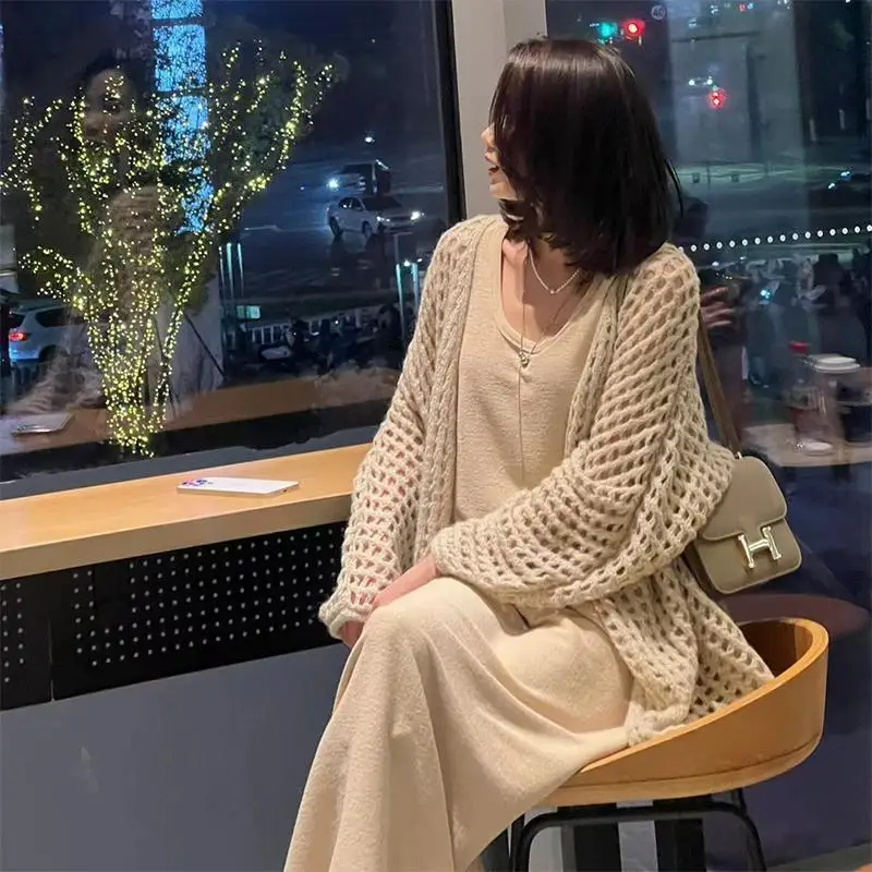 2024 Early Spring New Mid Length Hollow Knitted Cardigan Women\'s Lazy Style Outwear Sweater Coat Sun Protection Top