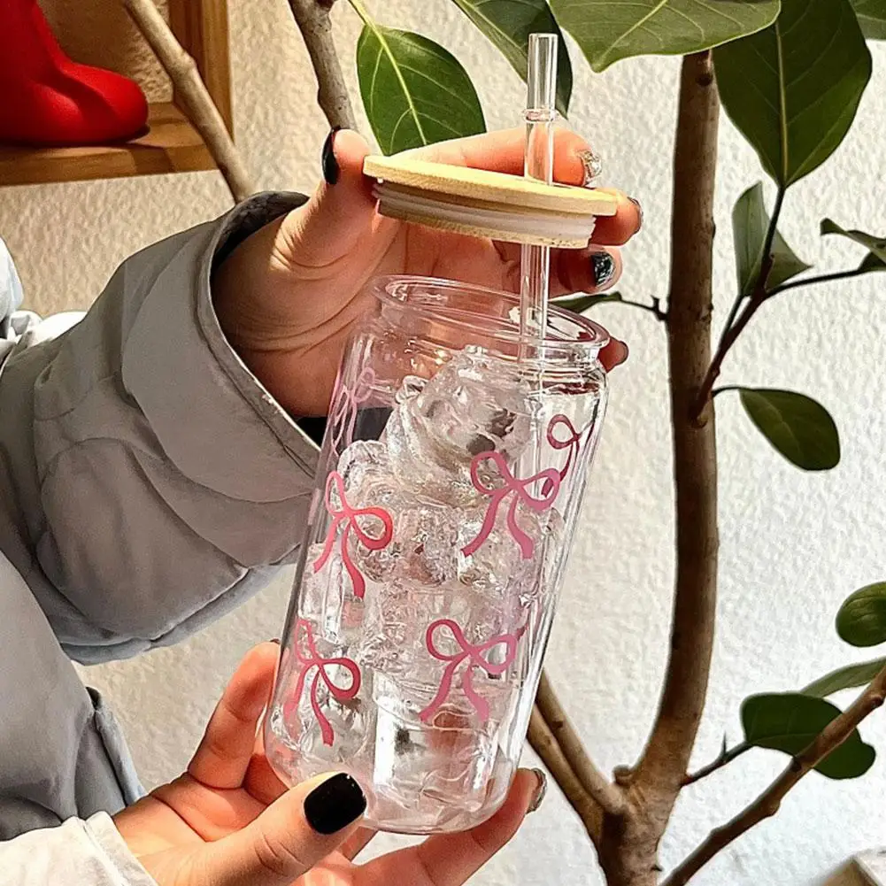 Vaso de vidrio transparente de 500ml/16oz, pegatina de flor con lazo rosa, taza de jugo para bebidas, adecuado para bebidas frías y calientes en verano G3V4