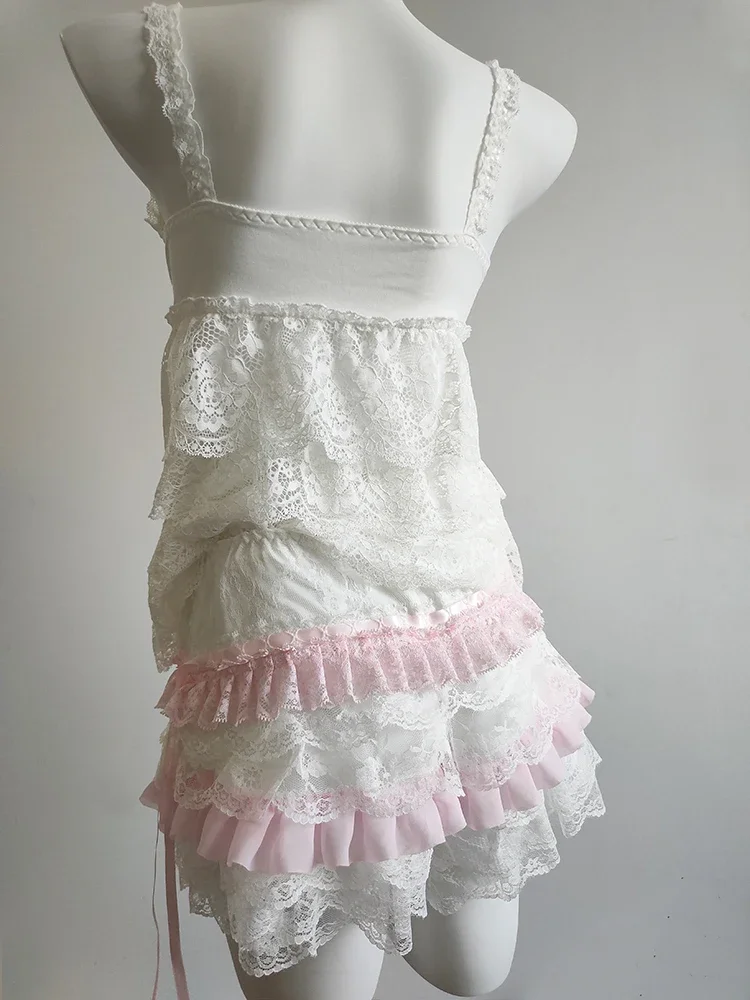 Conjuntos de 2 piezas para mujer, Tops cortos con lazo, pantalones cortos de cintura elástica, conjunto de fondo de encaje multicapa para niña dulce, trajes Kawaii