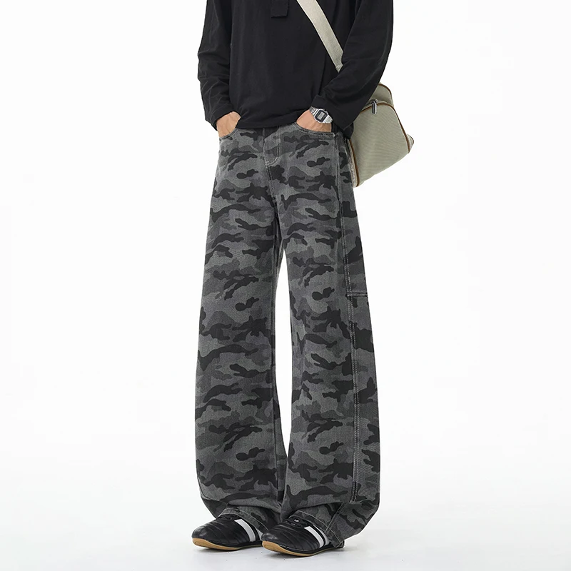 Men's Camouflage Wide Leg Balloon Pants Vintage Washed Streetwear Hip Hop Loose Fit Trousers 2026 Autumn Spring Bottoms Males