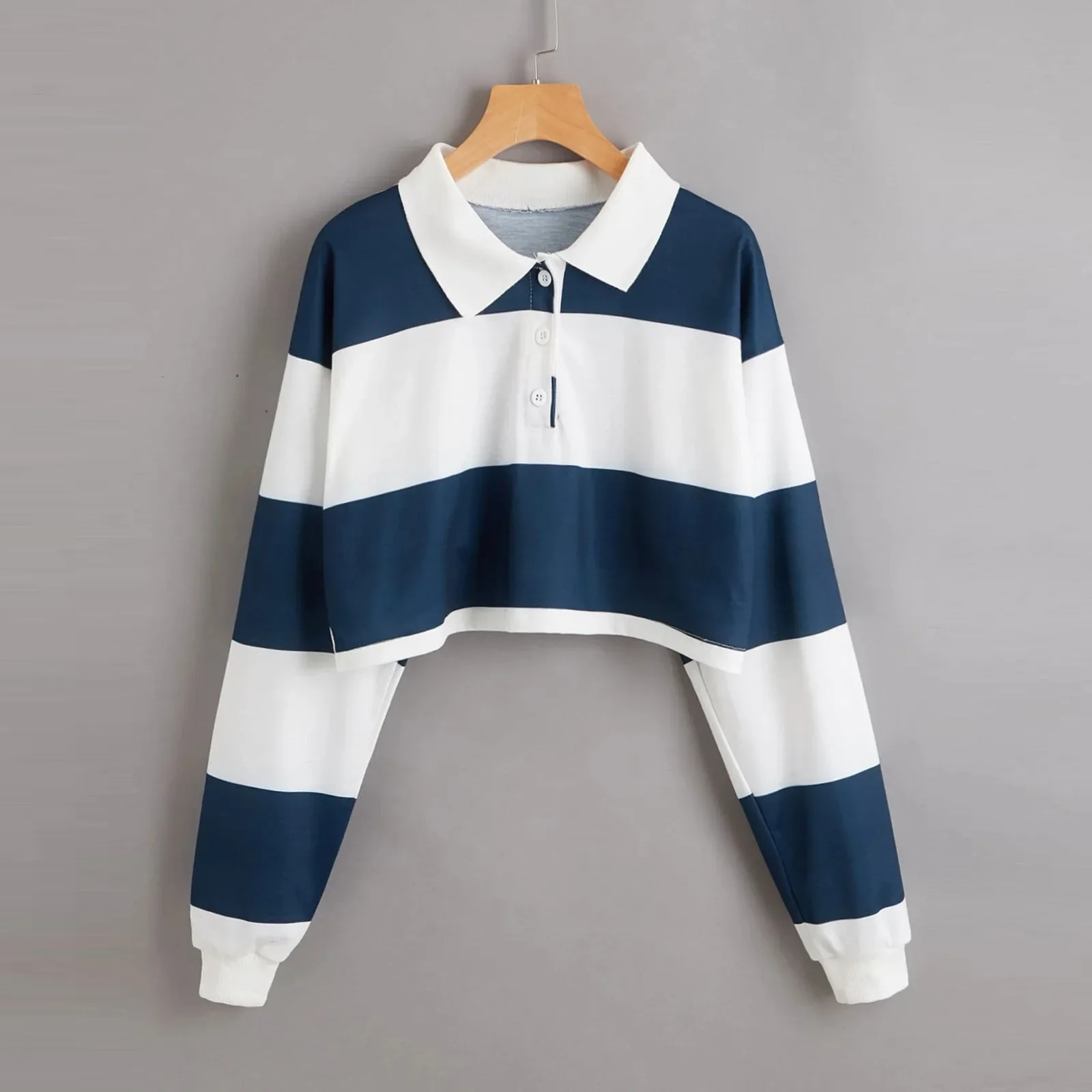 Striped Polo Collar Long Sleeve T-Shirt Women's Casual Cropped Top European and American Style Clothing One Piece Agent