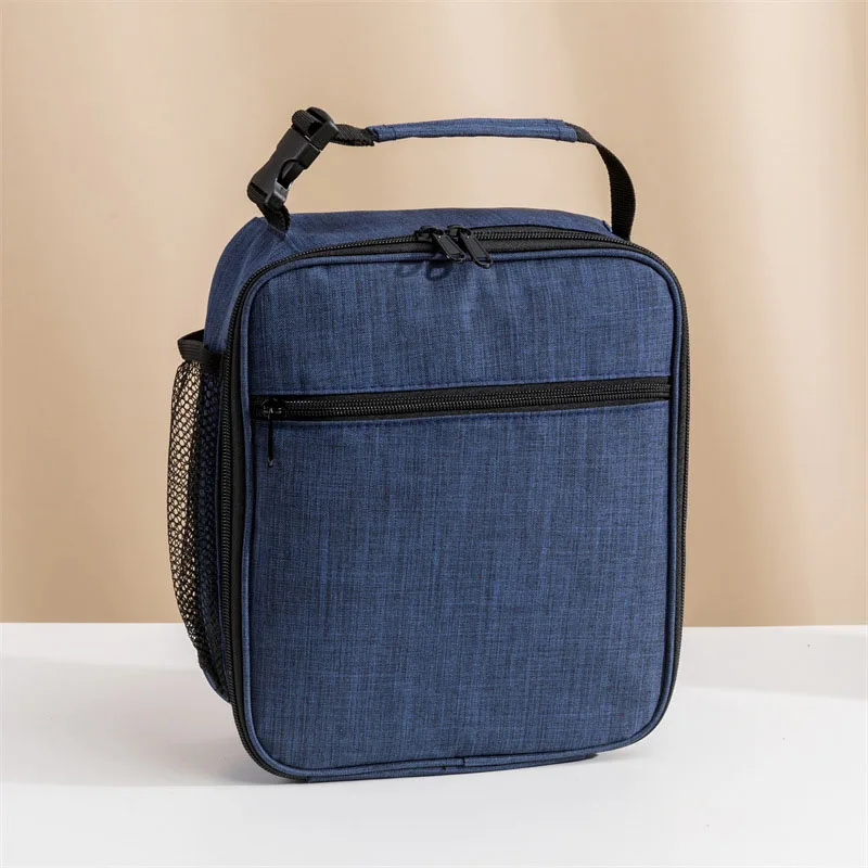 Blue Portable Insulated Lunch Bag - Oxford Cloth Handheld Meal Prep Tote, Large-Capacity Square Upright Design for School Office